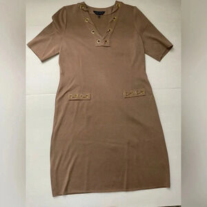 Ming Wang V-neck Sheath in Java Lace-up Grommet Knit Dress medium